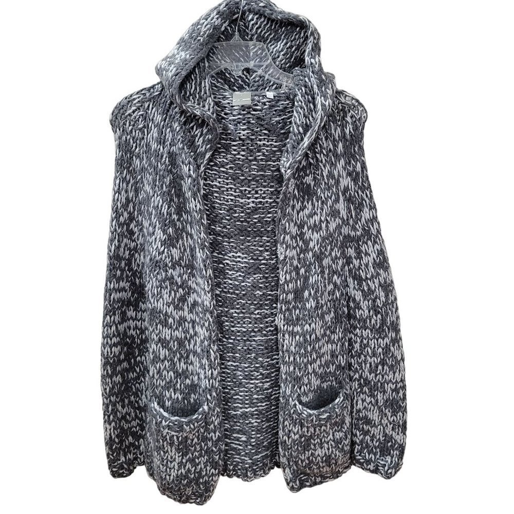 Go Silk Womens S Gray LS Open Front Hooded Silk Wool Chunky Knit Cardigan Sweate